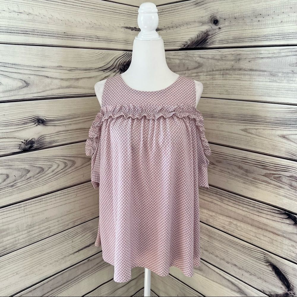 Lc Lauren Conrad Purple & White Gingham Ruffle Cold Shoulder Top